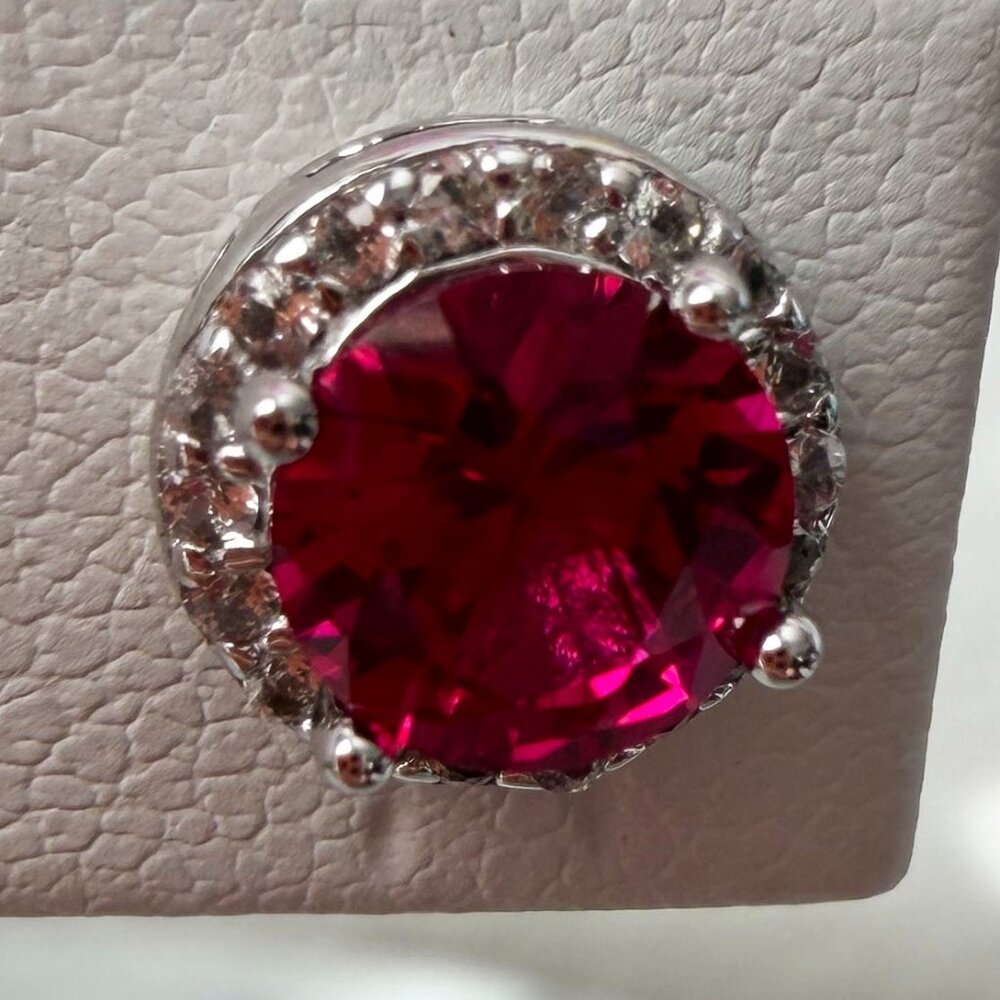 NEW 2.06ctw Lab Created Ruby & Lab Created Sapphire Sterling Halo Stud Earrings - Picture 4 of 14